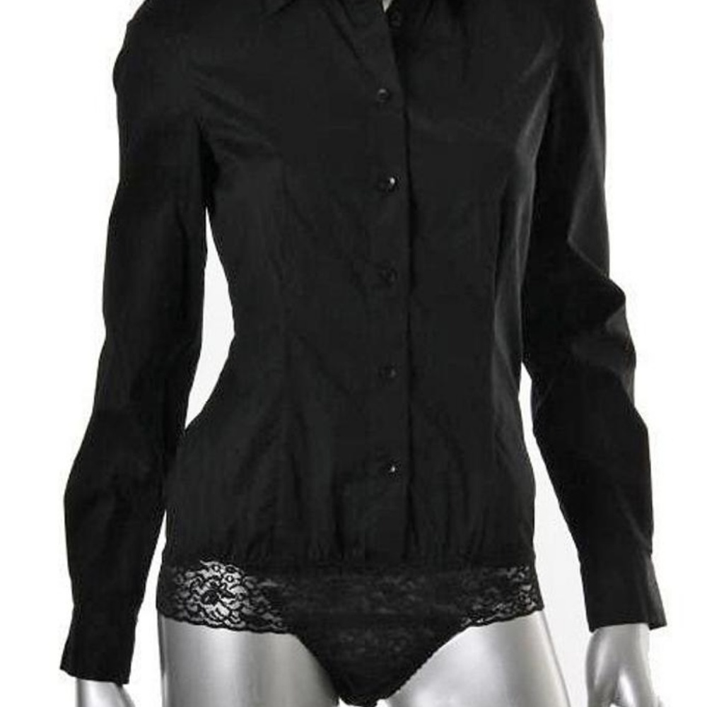 Button Down Black Body Suit with Shirt Collar